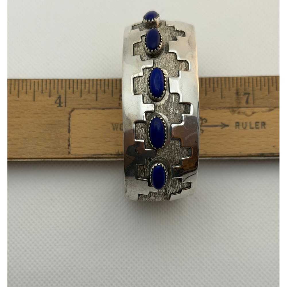 Native American Step Kiva Sterling Cuff Bracelet Lapis Lazuli 40+g - Picture 6 of 7